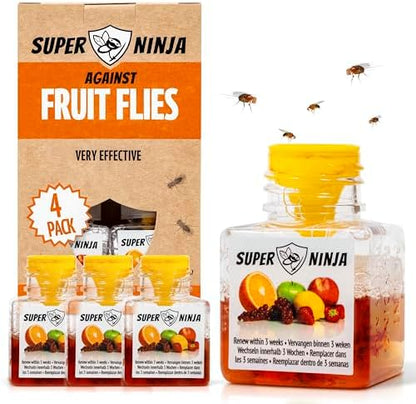 Super Ninja Fruit Fly Traps for Indoors - 4 Pack, Highly Effective Fruit Fly Catcher for Indoor Use for Home & Kitchen, Up to 3 Weeks of Performance per Bottle, Kid & Pet Friendly