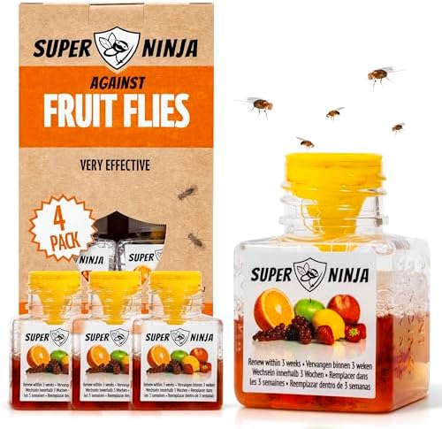 Super Ninja Fruit Fly Traps for Indoors - 4 Pack, Highly Effective Fruit Fly Catcher for Indoor Use for Home & Kitchen, Up to 3 Weeks of Performance per Bottle, Kid & Pet Friendly