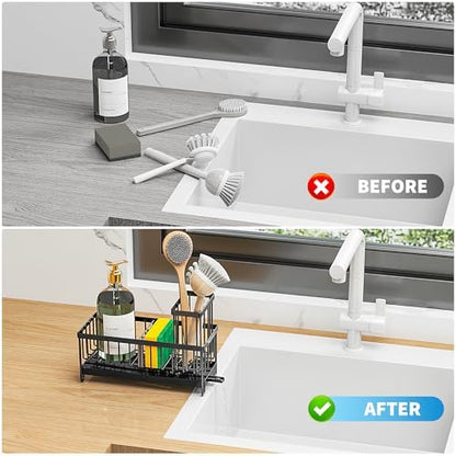 Cisily Black Sponge Holder for Kitchen Sink, Sink Caddy Organizer with High Brush Holder, Kitchen Countertop Organizers and Storage Essentials, Rustproof 304 Stainless Steel, Soap Dispenser Organize