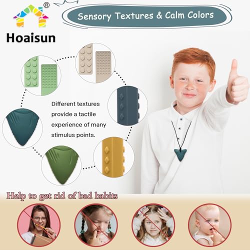 Chew Necklaces for Sensory Kids, 6 Pack Sensory Chew Necklaces for Boys and Girls with Autism, ADHD, SPD, Chewing (Fruit Green, Khaki, Grey, Yellow, Olive Green, Green Coffee)