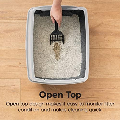 IRIS USA Large Open Top Cat Litter Box with High Sides, Scatter Shield & Scoop, Black - Easy Clean Plastic Litter Pan for Indoor Cats, Kittens or Multicat Homes