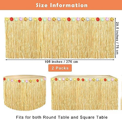 Fovths 2 Pack Luau Grass Table Skirt Natural 9 Feet x 29.5 Inch Hawaiian Table Skirt for Tropical Hawaiian Party Decorations Luau Costume Party, Straw Yellow