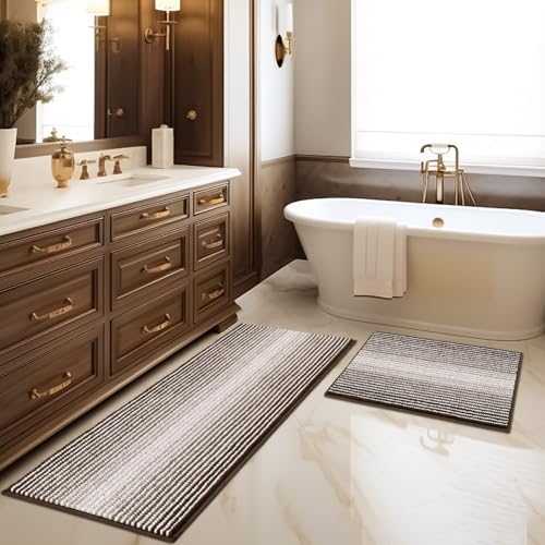 BSICPRO Bathroom Rugs and Mats Sets, 2 Piece Thick Absorbent Chenille Bath Mat Rug Set Non Slip, Soft Shaggy Bath Room Floor Mats for Bathroom, Machine Washable (Brown, 20" x 47" Plus 16" x 24")