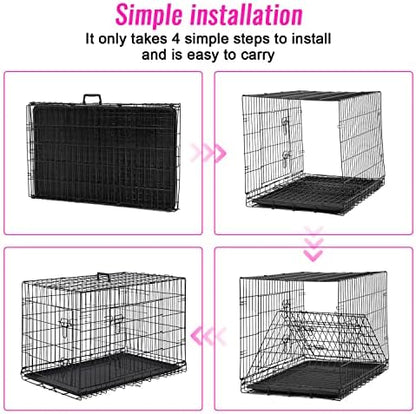FDW Dog Crate for Large Dogs 48 Inch Folding Metal WirePet Cage Double Door W/Divider Panel Indoor Outdoor Kennel Leak-Proof Plastic Tray,Black