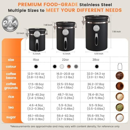Veken Coffee Canister with Window,Airtight Stainless Steel Container,Home Kitchen Food Storage Organizers for Grounds,Beans,Espresso,Rice,Tea,Sugar,Flour, Cereal,Scoop,Bar Accessories,Gifts,22OZ,Black