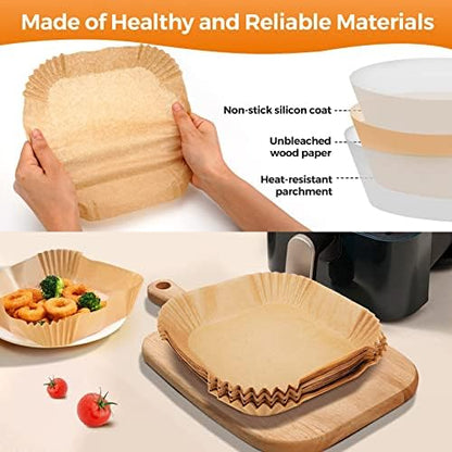 Air Fryer Paper Liner Disposable - 100PCS 6.5 Inch Square Liners for Air Fryer, Grease and Water Proof Non Stick Basket Parchment Paper