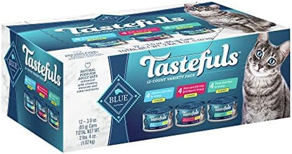 Blue Buffalo Tastefuls Flaked Wet Cat Food Variety Pack, Made with Natural Ingredients, Tuna, Chicken, Fish & Shrimp, 3-oz Cans (12 Count, 4 of Each)