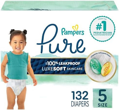 Pampers Pure Protection Baby Diapers, Size 5 (27+ lbs), 132 Count, Up to 100% Leakproof, Premium Plant-based Skin Protection, Hypoallergenic Soft Diapers