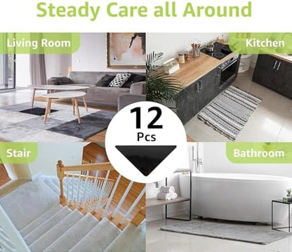 Rabenda 12 Pcs Rug Tape, Non Slip Rug Pads Grippers for Hardwood Floors and Tiles, Reusable Carpet Tape for Area Rugs, Double-Sided Adhesive Rug Stickers Keep Corners Flat (Black)