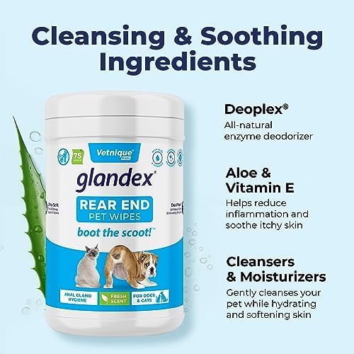 Vetnique Labs Glandex Dog Wipes for Pets Cleansing & Deodorizing Anal Gland Hygienic Dog & Cat Wipes with Vitamin E, Skin Conditioners and Aloe (75ct)