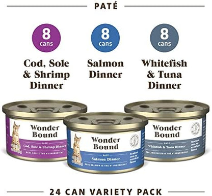 Amazon Brand - Wonder Bound Wet Cat Food, Pate, No Added Grain, Variety Pack (Cod, Sole & Shrimp, Salmon, White Fish & Tuna), 3 ounce (Pack of 24)