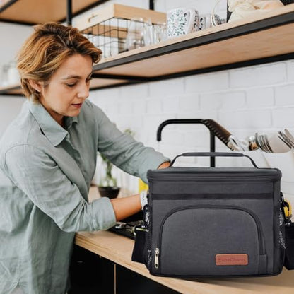 ExtraCharm Insulated Lunch Bag for Women/Men - Reusable Lunch Box for Office Picnic Hiking Beach - Leakproof Cooler Tote Bag Organizer with Adjustable Shoulder Strap for Adults - Black