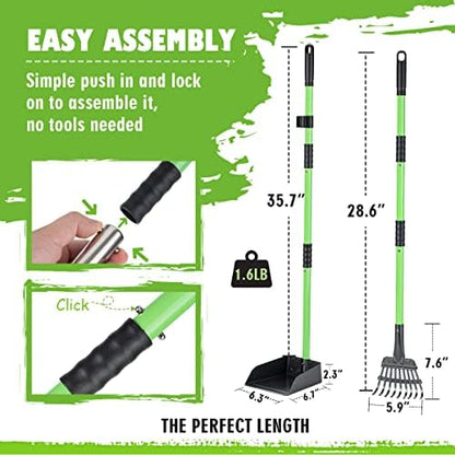 MXF Pooper Scooper, Dog Pooper Scooper Long Handle Stainless Metal Tray and Rake Set for Medium Small Dogs Heavy Duty - Use on Grass, Dirt or Gravel - Pet Supplies (Green)
