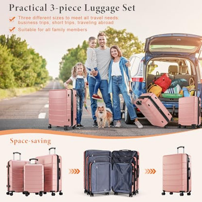 Sweetcrispy Carry on Luggage, Hard Shell ABS, Double Spinner Wheels Lightweight Suitcase TSA Lock, Light Pink, 3-PCS Set (20/24/28 Inch)