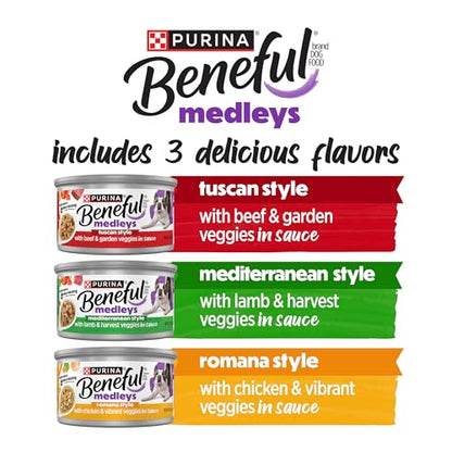 Purina Beneful Medleys Wet Dog Food Variety Pack with Tuscan, Romana, and Mediterranean Style Dog Food in Dog Gravy, 30 Pack - (Pack of 30) 3 oz. Cans