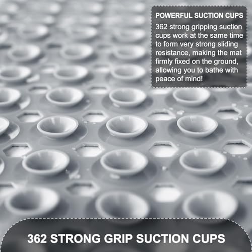 Bath Tub and Shower Mats, Non Slip 40 x 16 Inch Extra Large Bathtub Mat, Machine Washable Bathmat with Drain Holes, Suction Cups for Bathroom Floor, Gray