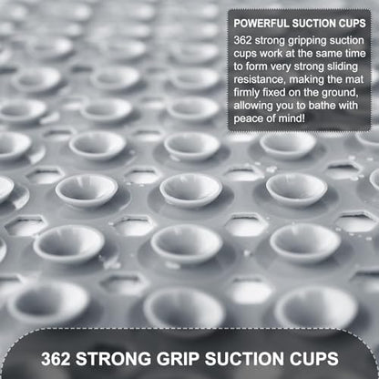 Bath Tub and Shower Mats, Non Slip 40 x 16 Inch Extra Large Bathtub Mat, Machine Washable Bathmat with Drain Holes, Suction Cups for Bathroom Floor, Gray