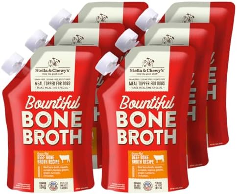 Stella & Chewy's Human-Grade Grass-Fed Beef Bone Broth for Dogs - Joint & Gut Health Liquid Food Topper with Collagen & Turmeric, 16 Fl Oz Resealable Pouch (Pack of 6)