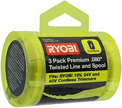 Ryobi One PLUS+ AC80RL3 OEM .080 Inch Twisted Line and Spool Replacement for Ryobi 18v, 24v, and 40v Cordless Trimmers (3 Pack)