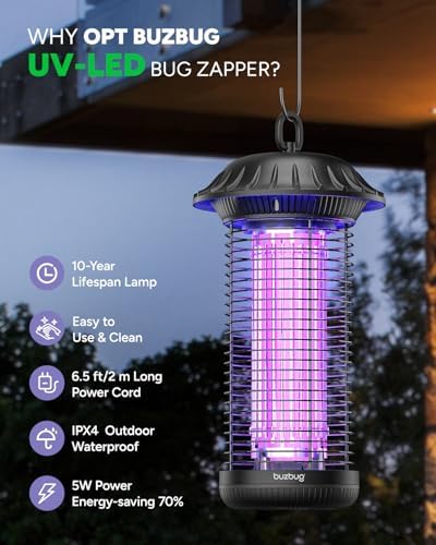 Buzbug LED Bug Zapper Indoor Outdoor, 10 Years Lifespan, 6.5ft Power Cord, IPX4 Waterproof, High-Voltage, Mosquito Zapper, Fly Trap Mosquito Trap, Fly Killer Fly Zapper -MO008C