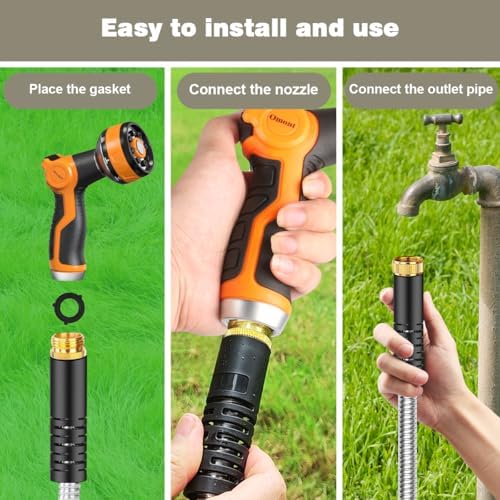 Omont Metal Garden Hose 25FT, Heavy Duty 304 Stainless Steel Water Hoses with Nozzle, Flexible Garden Hose, Lightweight, Rust Proof, No-Kink & Tangle for Yard, Outdoor, RV