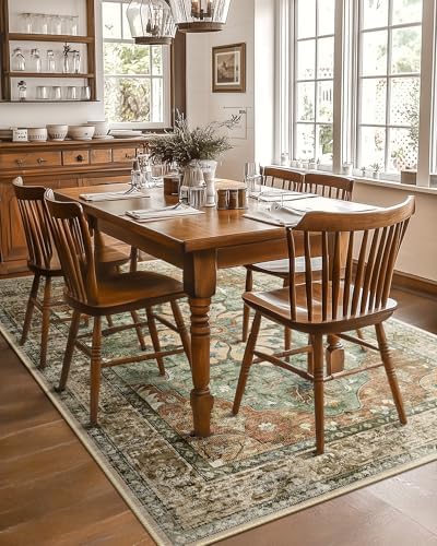 Area Rugs 5'x7' Washable Non-Slip, Floral Vintage Distress Print Pattern Medallion Carpet for Living Room Bedroom Dining Room, Brick Red Rust Neutral Brown Burnt Orange Green