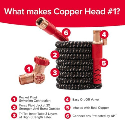 Pocket Hose Copper Head w/New Pocket Pivot Expandable Garden Hose 50 FT, AS-SEEN-ON-TV, Swivels 360°, Advanced Tri-Tex Tubing & Force Field Jacket, 3X Stronger, Lead-Free, No-Kink, Anti-Burst w/APT