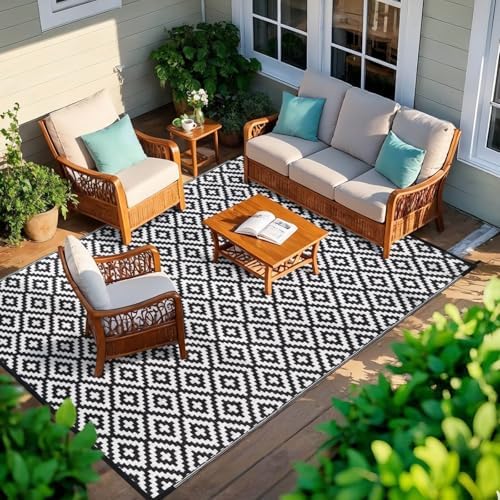 Outdoor Patio Plastic Straw Rug - 5x8 ft Outdoor Camping Rug Waterproof Reversible, Area Carpet Patios Clearance RV, Outside Porch Balcony Deck for Camper, Black & White