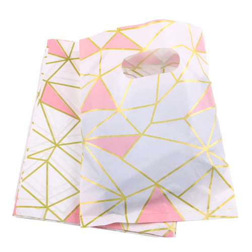 Joyhey 100 Count 11.7" x 15.7" Plastic Merchandise Bags, Shopping Retail Boutique Bags with Die Cut Handles - White Geometry