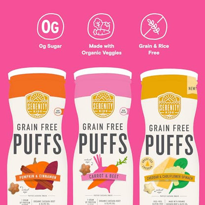 Serenity Kids 6+ Months Grain-Free Baby Puffs Snack - Baby & Toddler Snacks for 6+ Months - No Added Sugar & Gluten & Rice Free - BPA & Allergen Safe with Organic Cassava & Veggies - 1.5 Oz, 6 Pack