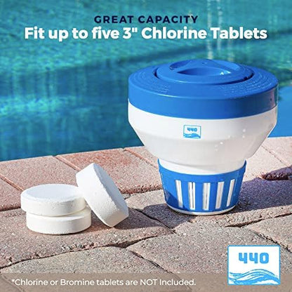 440 Pool Chlorine Floater Dispenser, Fits Up to 5 Pieces of 3-Inch Chlorine Tabs, Adjustable Flow, Control, Heavy-Duty Plastic - Suitable for Small & Large Pools - 9.6 Ounces