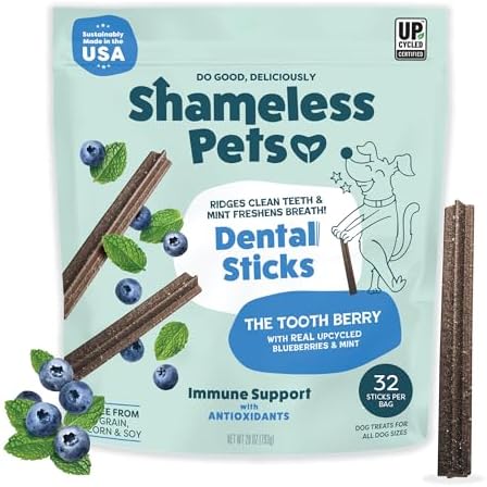 Shameless Pets Toothberry Dental Chews for Dogs – Natural Dog Dental Sticks for Fresh Breath, Teeth Cleaning & Removes Tartar, Grain-Free Dog Treats, No Corn or Soy, 32 Sticks