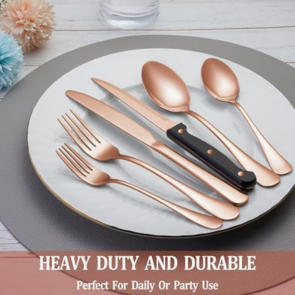 72 Pcs Rose Gold Silverware Set with Steak Knives Service for 12,Stainless Steel Flatware Set,Mirror Polished Cutlery Utensil Set, Kitchen Eating Tableware,Include Fork Knife Spoon Set,Dishwasher Safe
