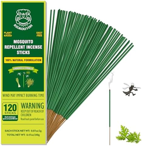 KICKOUTOR® Mosquito Repellent Outdoor Patio 120 PCS Citronella Oil Mosquito Incense Sticks Natural Organic Mosquito Barrier Mosquito Repeller for Backyard Travel Camping Indoors Gnat Mosquito Control