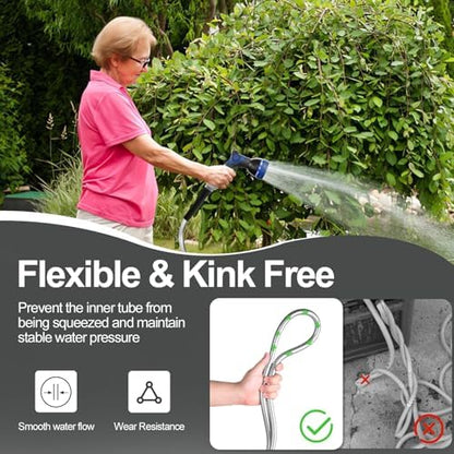75ft 304 Stainless Steel Garden Hose Metal, Heavy Duty Water Pipe with Nozzles for Yard, Outdoor - Flexible, Never Kink & Tangle, Puncture Resistant (Sliver)