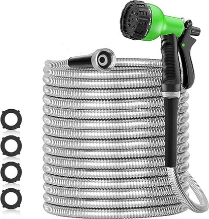 75ft 304 Stainless Steel Garden Hose Metal, Heavy Duty Water Pipe with Nozzles for Yard, Outdoor - Flexible, Never Kink & Tangle, Puncture Resistant (Sliver)