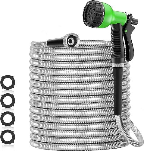 75ft 304 Stainless Steel Garden Hose Metal, Heavy Duty Water Pipe with Nozzles for Yard, Outdoor - Flexible, Never Kink & Tangle, Puncture Resistant (Sliver)