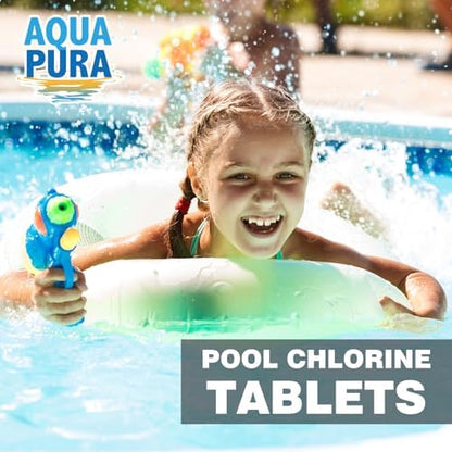 Aqua Pura Chlorine Tablets for Swimming Pool,3" Pool Supplies, Individually Wrapped Stabilized Chlorine Tablets, Long-Lasting, Slow Dissolve,Kill Bacteria,UV Protected,90% Available，4 LB