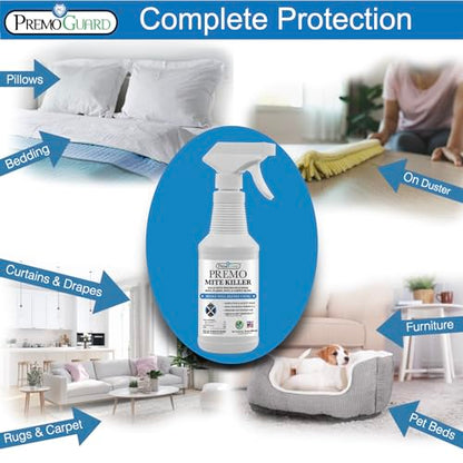 Premo Guard Mite Treatment Spray – 16 oz – Kills Dust, Scabies, Spider, Carpet, Bird, Mouse & Rat Mites in Home, on Furniture, Bedding – Natural Non-Toxic 100% Effective – Child & Pet Safe