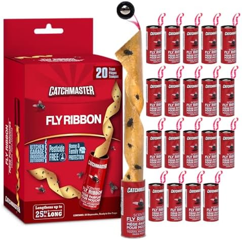 Catchmaster Fly Ribbon 20-Pack, Bug & Fruit Fly Traps Outdoor and Indoor, Premium Adhesive Sticky Strips & Gnat Hanging Strips, Bulk Scented Flying Insect Paper Rolls, Non Toxic Home Pest Control