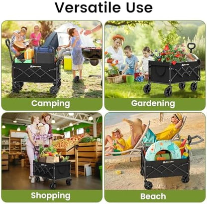 Collapsible Wagon with Wheels, 220 lbs Wagons Carts Foldable Wagon Cart with Flexible Handle, Lightweight Portable Folding Utility Grocery Shopping Cart for Grocery Sports Garden Camping