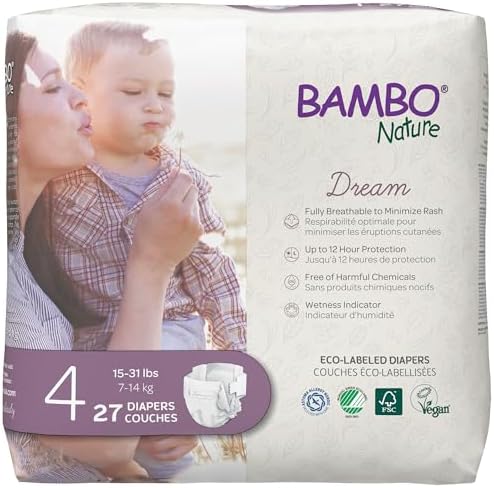 Bambo Nature Hypoallergenic Baby Diapers, Eco-Labelled Sustainable Diapers, Enhanced Leakage Protection, Totally Chlorine-free, Skin Friendly, and Super Absorbent - Size 4 (27 Count)