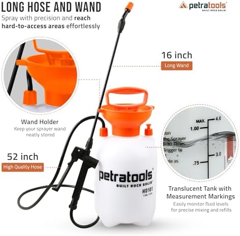 Petratools 1 Gallon Pump Sprayer – HD101 Garden Sprayer for Weeds, Lawn Care & Pesticides – 52” Long Hose, 2 Nozzles & Easy Carry Handle – Durable & Lightweight