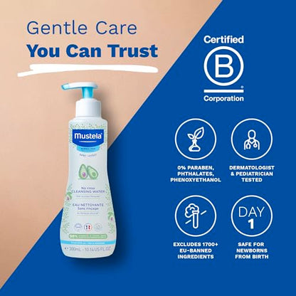 Mustela Baby Cleansing Water - No-Rinse Micellar Water - with Natural Avocado & Aloe Vera - for Baby's Face, Body & Diaper - 1 or 2-Pack - Various Sizes