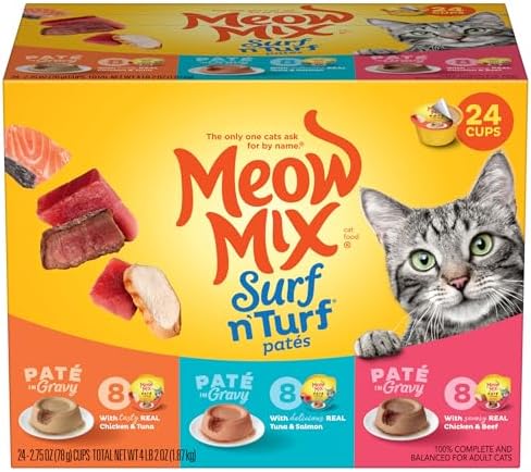 Meow Mix Paté in Gravy Wet Cat Food Variety Pack, Surf n’ Turf Patés 2.75 Ounce (Pack of 24)
