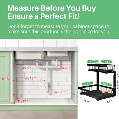 Under Sink Organizer, 2 Packs 2 Tier Under Sink Organizers and Storage, Slide Out Pull Out Cabinet Organizer Shelf, Metal Sliding Drawer for Kitchen Bathroom Pantry Cabinet Closet Organization Rack