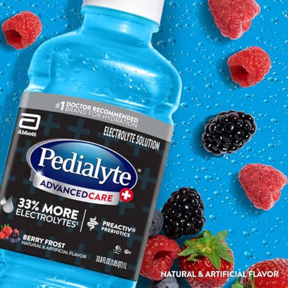 Pedialyte AdvancedCare Plus Electrolyte Hydration Drink, Has 33% More Electrolytes and Has PreActiv Prebiotics, Berry Frost, 1 Liter, Pack of 4