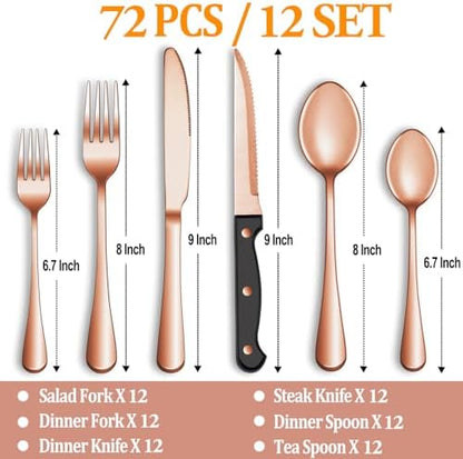 72 Pcs Rose Gold Silverware Set with Steak Knives Service for 12,Stainless Steel Flatware Set,Mirror Polished Cutlery Utensil Set, Kitchen Eating Tableware,Include Fork Knife Spoon Set,Dishwasher Safe