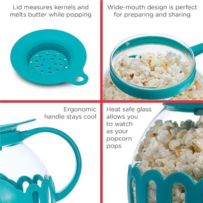 Ecolution Patented Micro-Pop Microwave Popcorn Popper with Temperature Safe Glass, 3-in-1 Lid Measures Kernels and Melts Butter, Made Without BPA, Dishwasher Safe, 1.5-Quart, Teal
