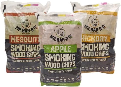 Wood Smoker Chips Bundle of 3 Flavors - Apple, Mesquite & Hickory Wood Chips by Mr. Bar-B-Q, Can be Used on Gas & Charcoal Grill, Variety of Flavors for Smokers, Grilling, BBQ, Camping(3 x 1.6 Lb Bag)